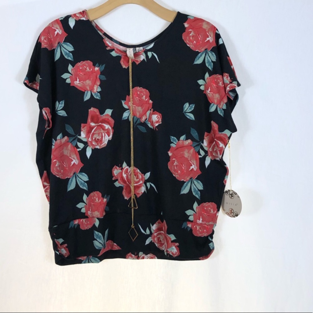Misia Women’s Rose Print Top w/ Necklace